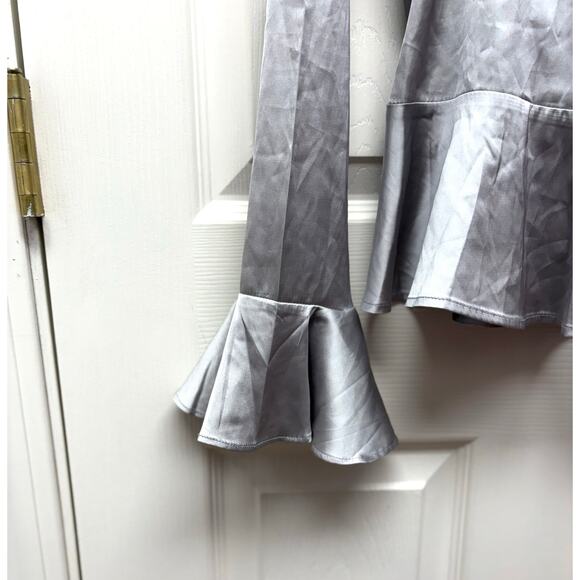 Pomelo Satin Blouse, Gray Wrap Shirt, Peplum, Bell Sleeves, Women's Size S - Picture 3 of 7